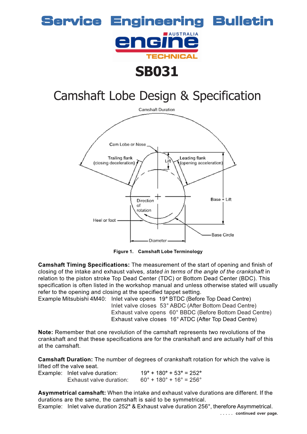 Camshaft Lobe Design & Specification Service Engineering Bulletin