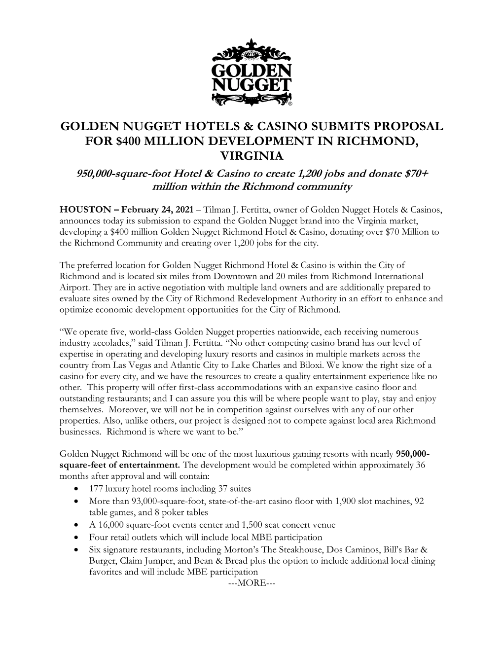 Golden Nugget Hotels & Casino Submits Proposal for $400 Million