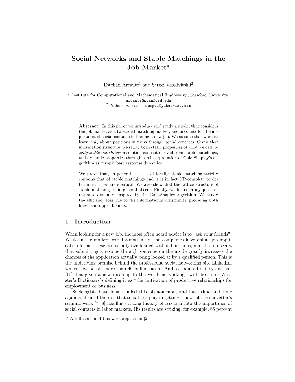 Social Networks and Stable Matchings in the Job Market*