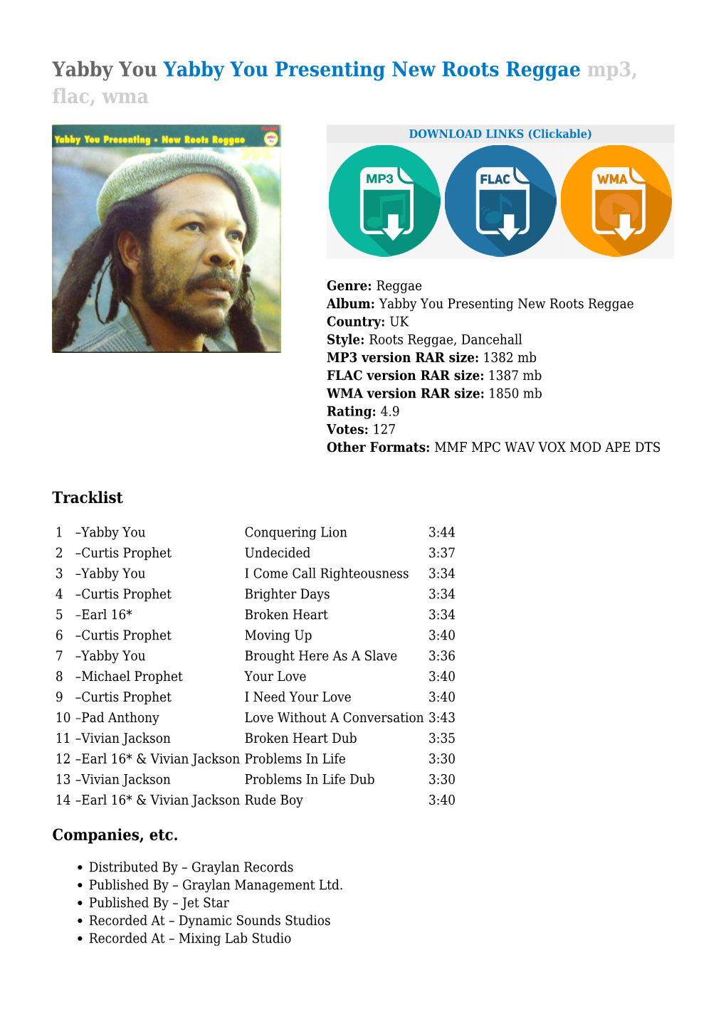 Yabby You Presenting New Roots Reggae Mp3, Flac, Wma