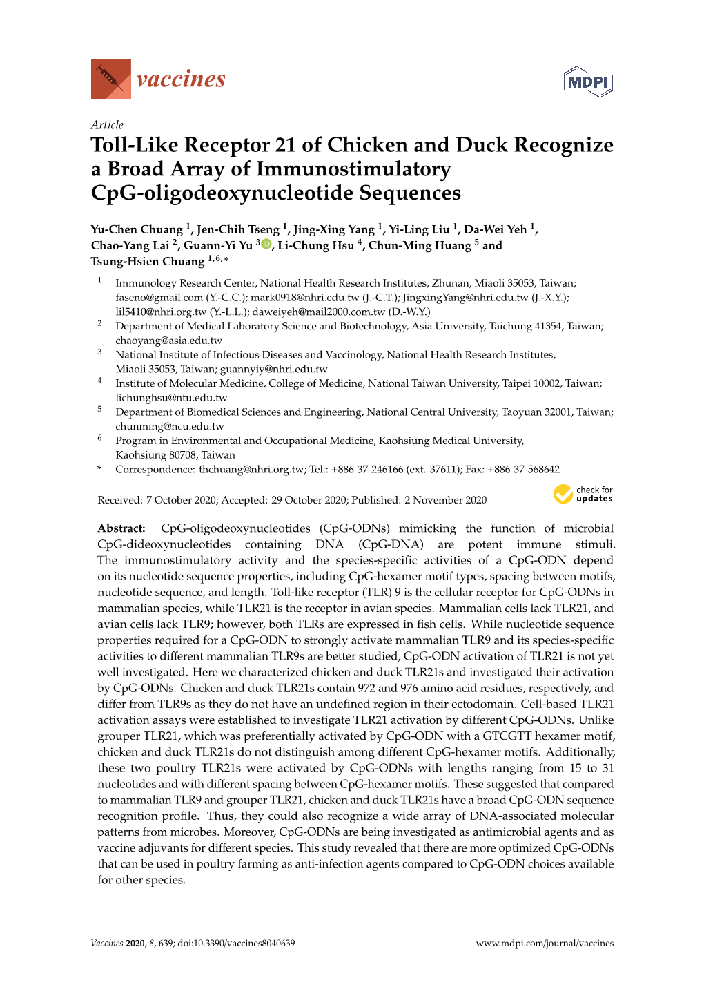 Toll-Like Receptor 21 of Chicken and Duck Recognize a Broad Array of Immunostimulatory Cpg-Oligodeoxynucleotide Sequences