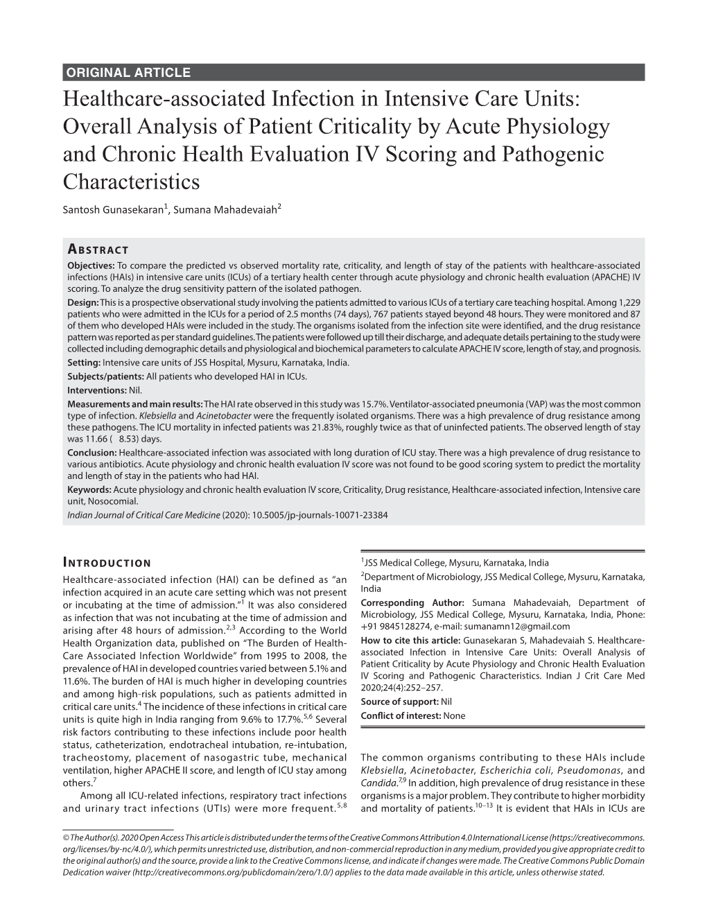 Healthcare-Associated Infection in Intensive Care