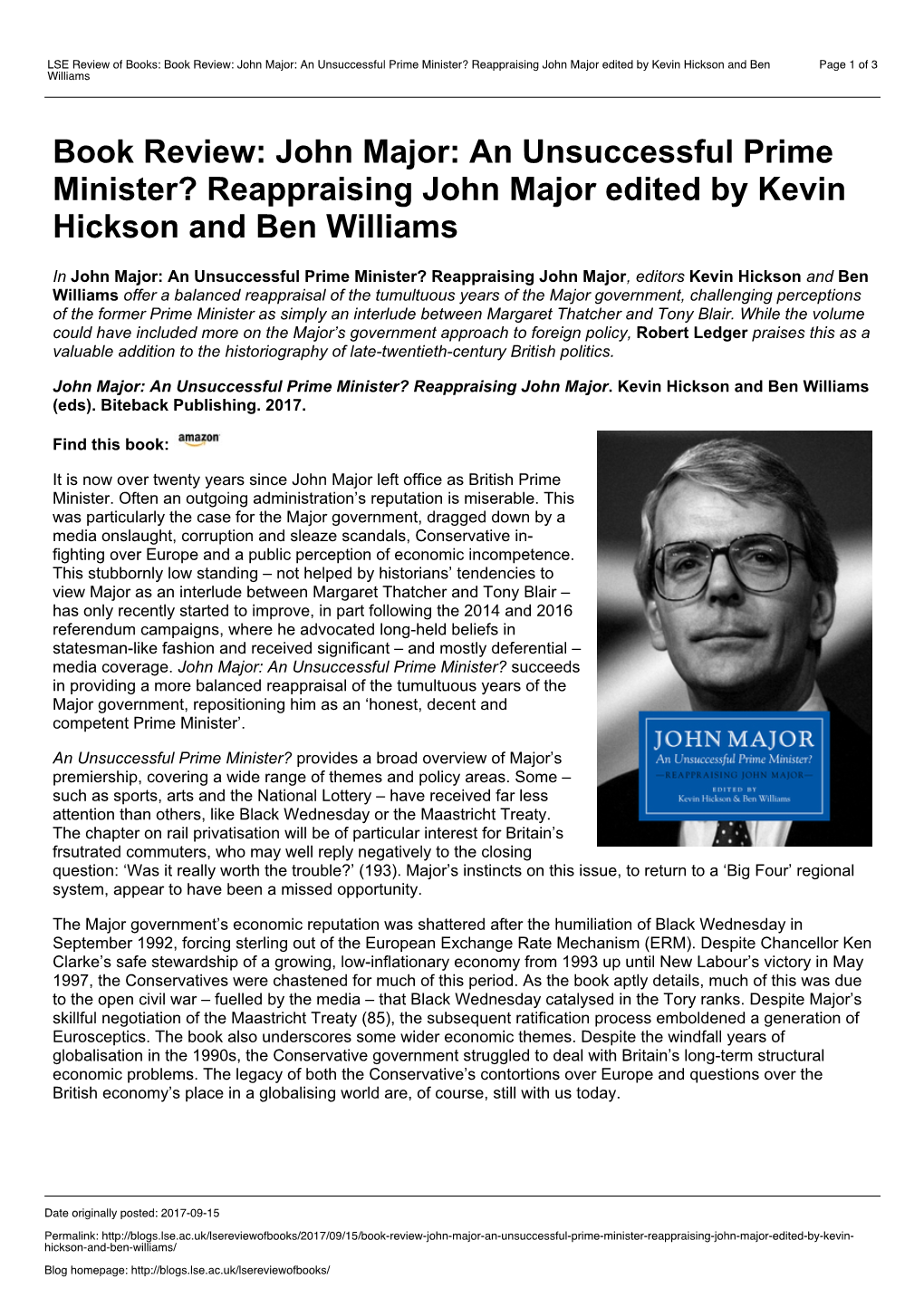 John Major: an Unsuccessful Prime Minister? Reappraising John Major Edited by Kevin Hickson and Ben Page 1 of 3 Williams