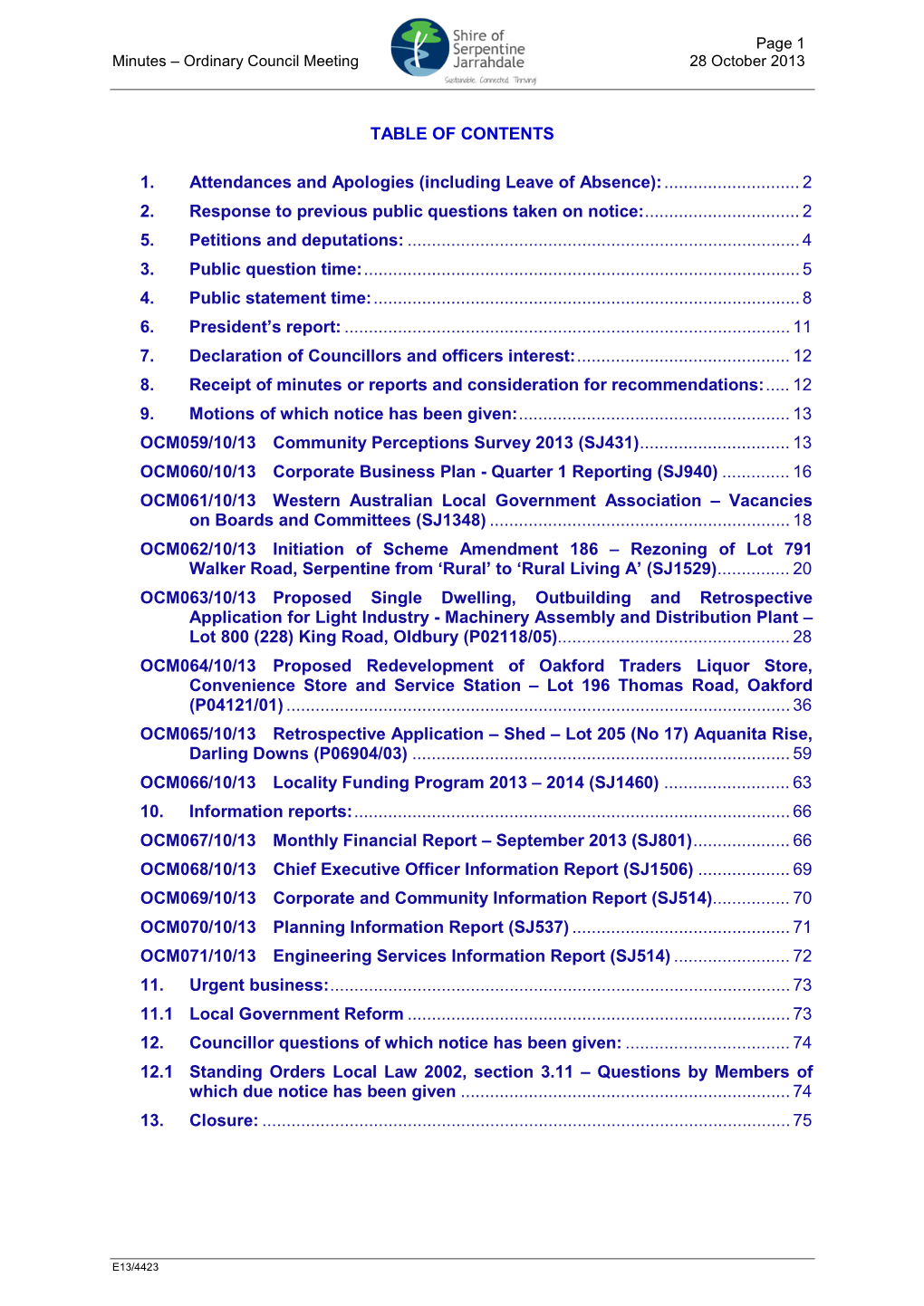 TABLE of CONTENTS 1. Attendances and Apologies