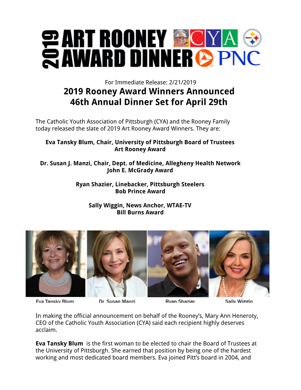 2019 Rooney Award Winners Announced 46Th Annual Dinner Set for April 29Th