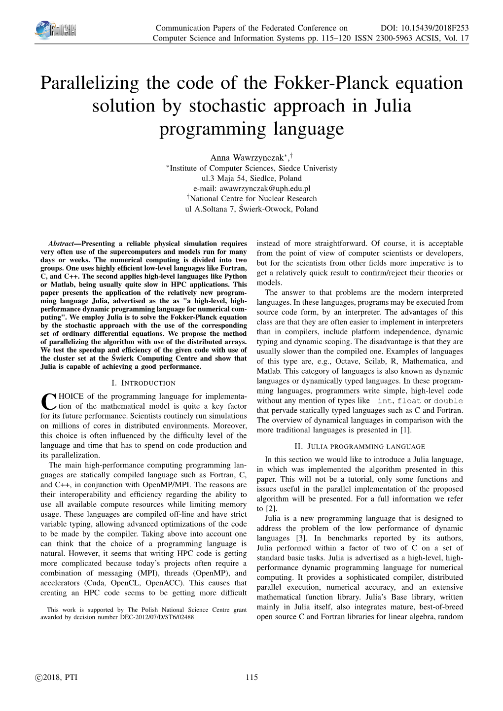 Parallelizing the Code of the Fokker-Planck Equation Solution by Stochastic Approach in Julia Programming Language