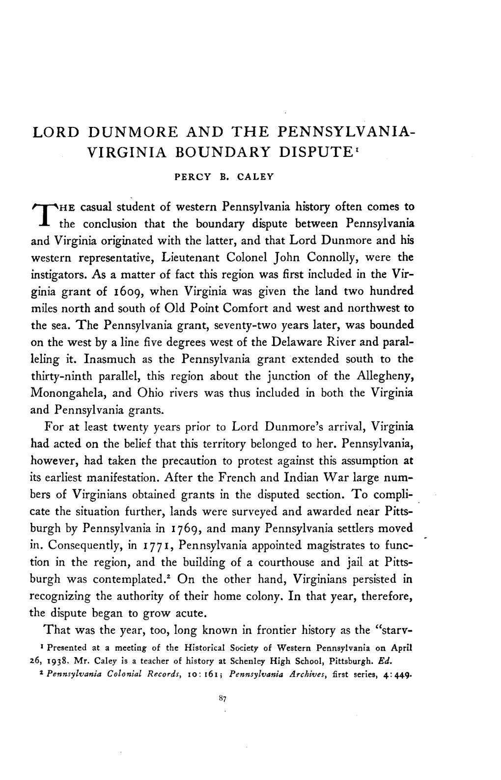 Lord Dunmore and the Pennsylvania- Virginia Boundary Dispute 1