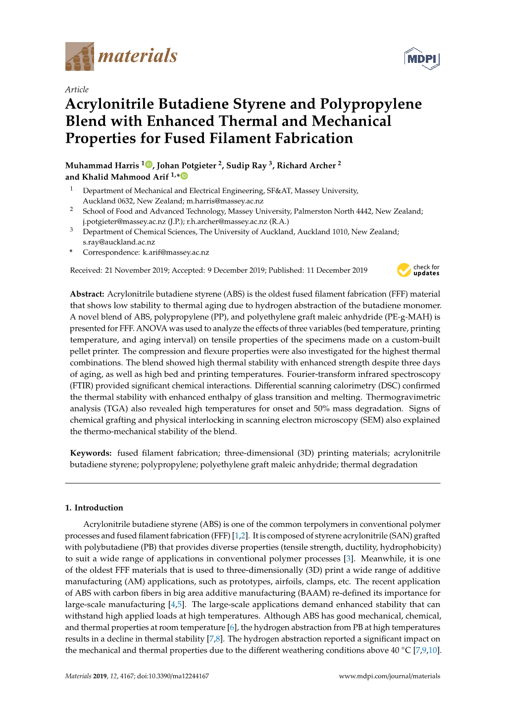 Acrylonitrile Butadiene Styrene and Polypropylene Blend with Enhanced Thermal and Mechanical Properties for Fused Filament Fabrication