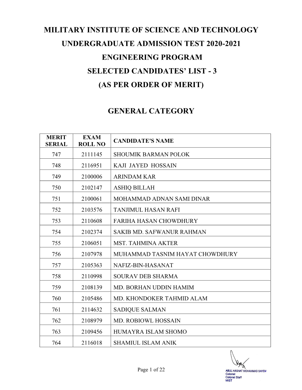 Military Institute of Science and Technology Undergraduate Admission Test 2020-2021 Engineering Program Selected Candidates'