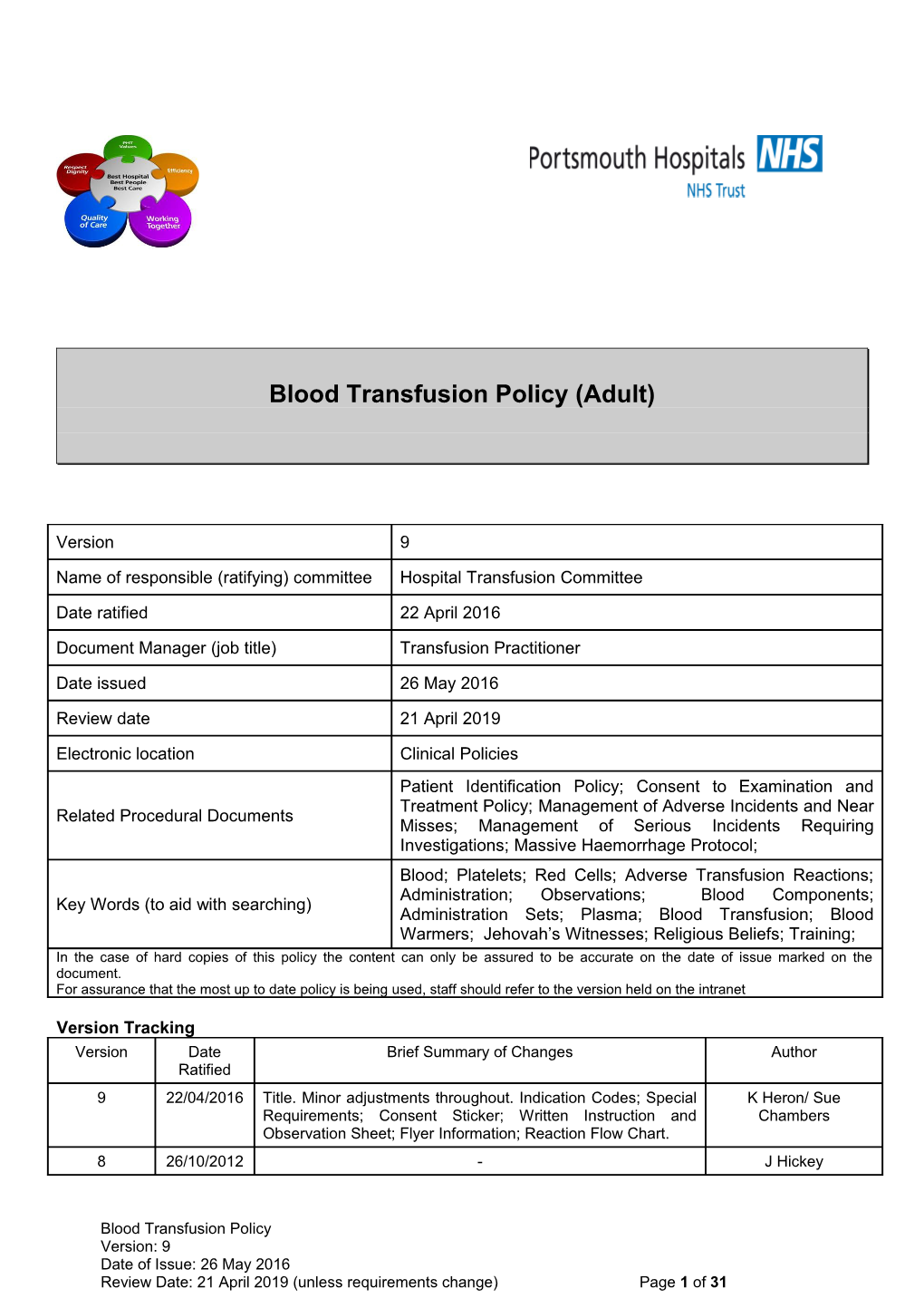 Blood Transfusion Policy (Adult)