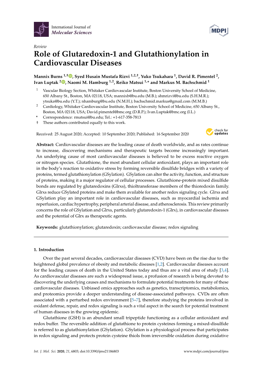 Role of Glutaredoxin-1 and Glutathionylation in Cardiovascular Diseases
