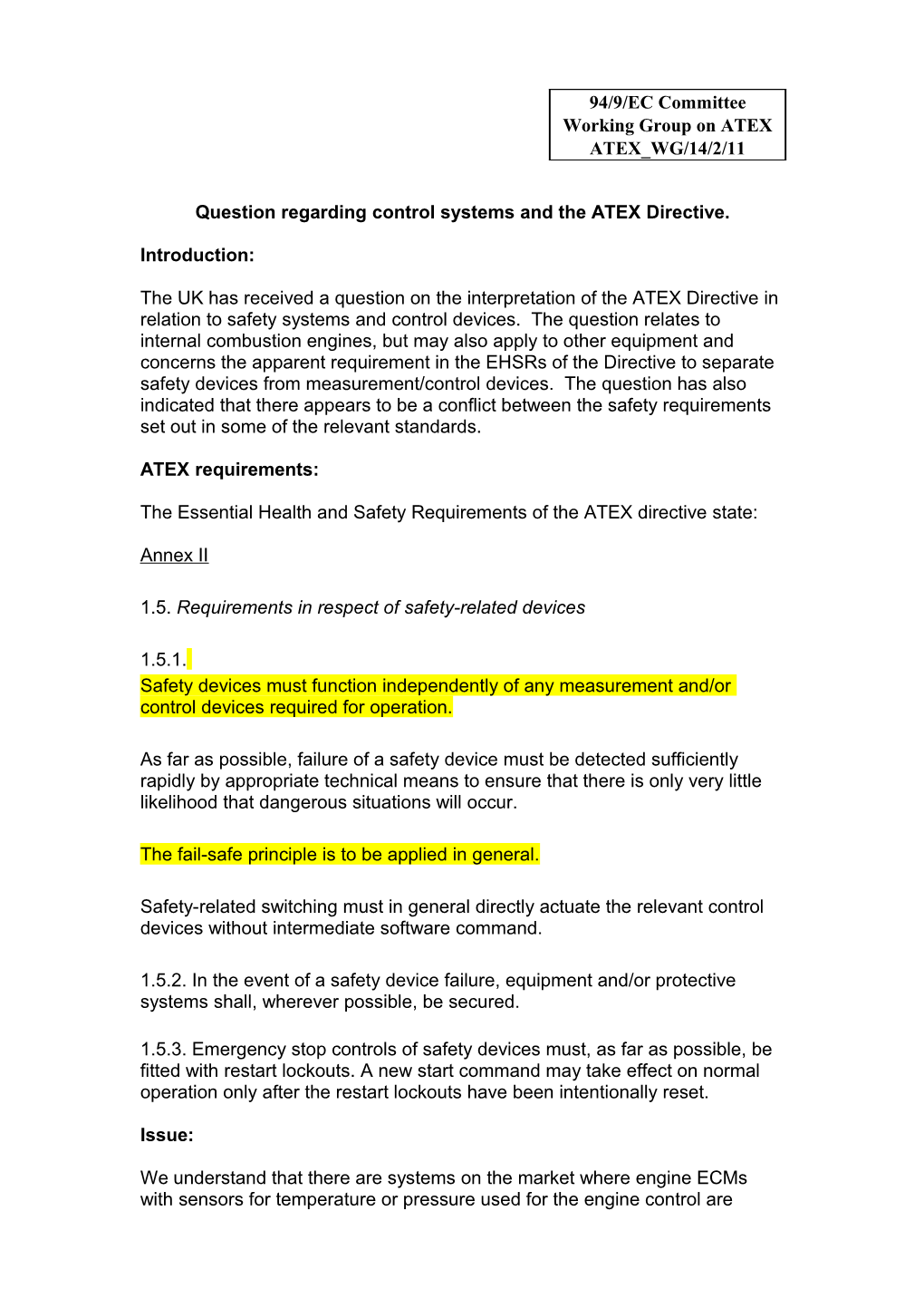 ATEX WG/14/2/11 - Question Regarding Control Systems and the ATEX Directive