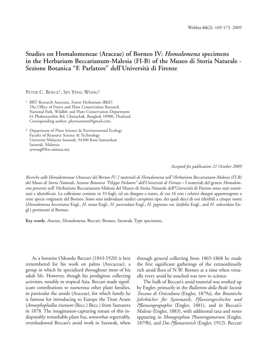 Studies on Homalomeneae (Araceae) of Borneo IV: Homalomena Specimens in the Herbarium Beccarianum-Malesia (FI-B) of the Museo Di Storia Naturale - Sezione Botanica “F