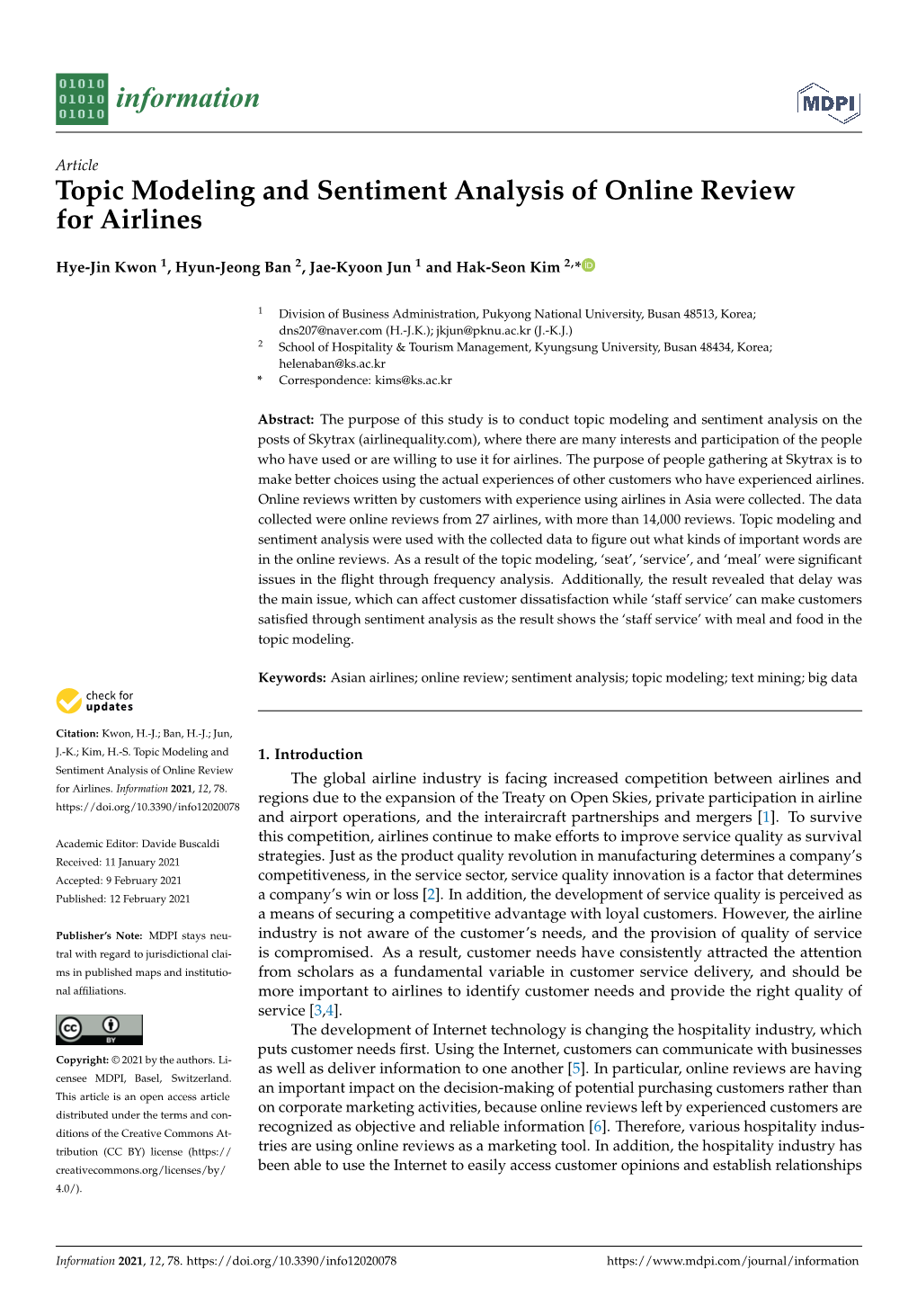 Topic Modeling and Sentiment Analysis of Online Review for Airlines