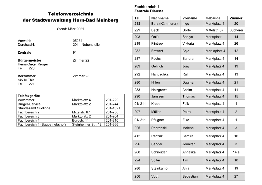 Telefonverzeichnis Der Stadtverwaltung Horn-Bad Meinberg Tel