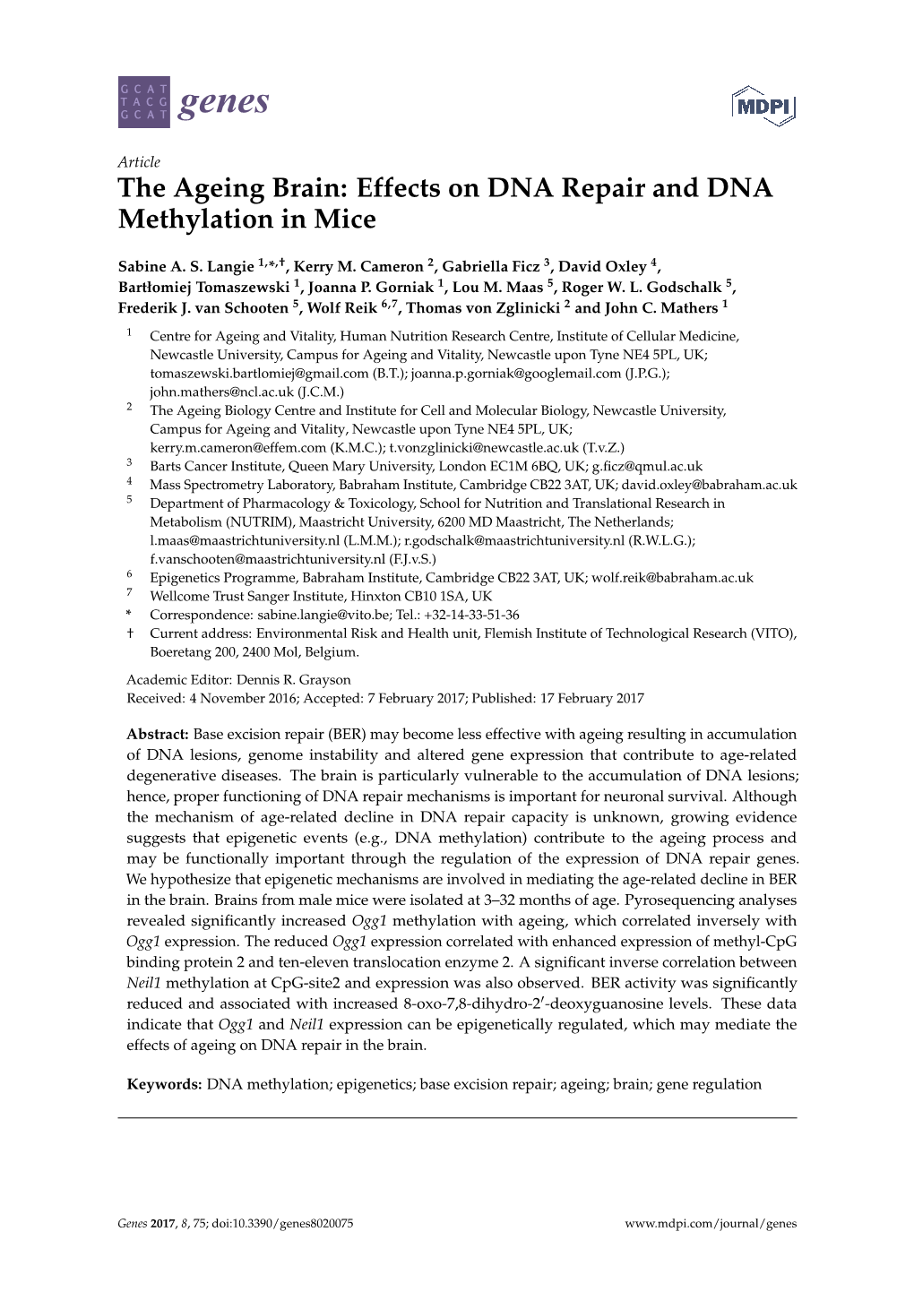 Effects on DNA Repair and DNA Methylation in Mice