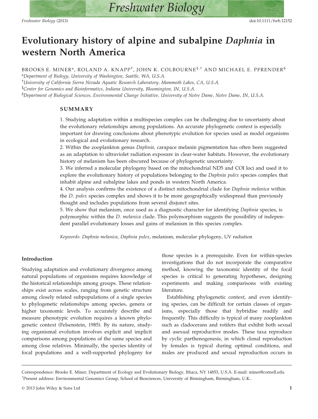 Evolutionary History of Alpine and Subalpine Daphnia in Western North America