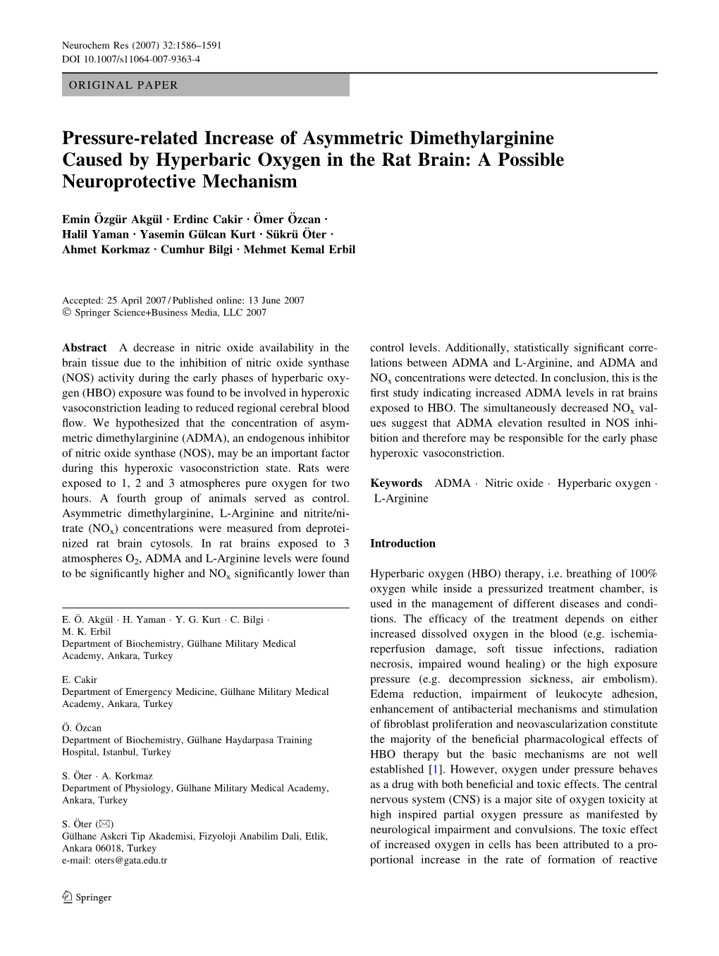 Pressure-Related Increase of Asymmetric Dimethylarginine Caused by Hyperbaric Oxygen in the Rat Brain: a Possible Neuroprotective Mechanism