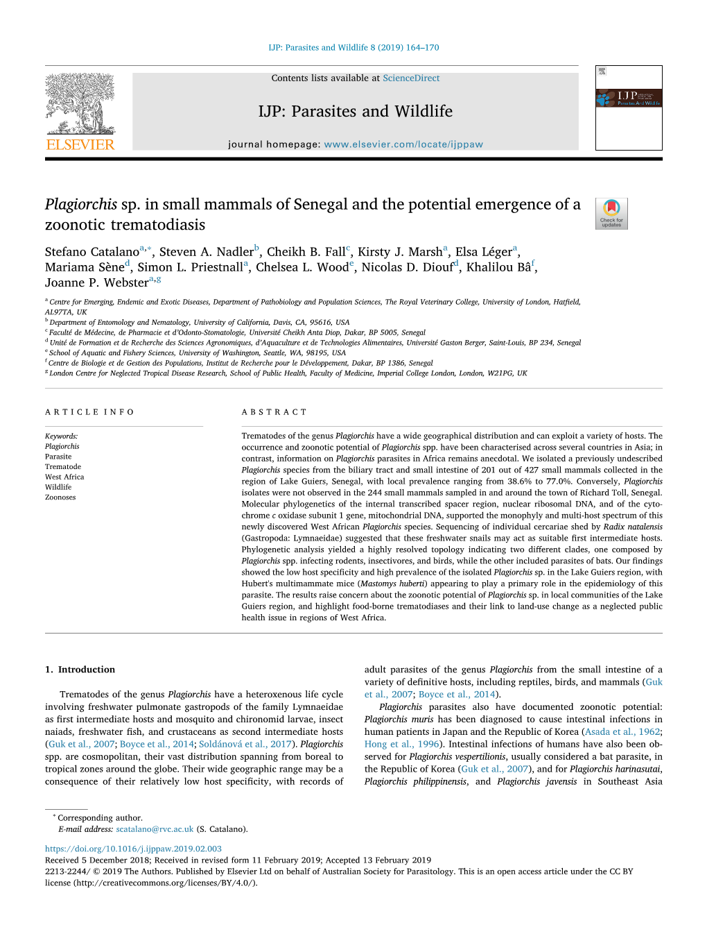 Plagiorchis Sp. in Small Mammals of Senegal and the Potential Emergence of a Zoonotic Trematodiasis T