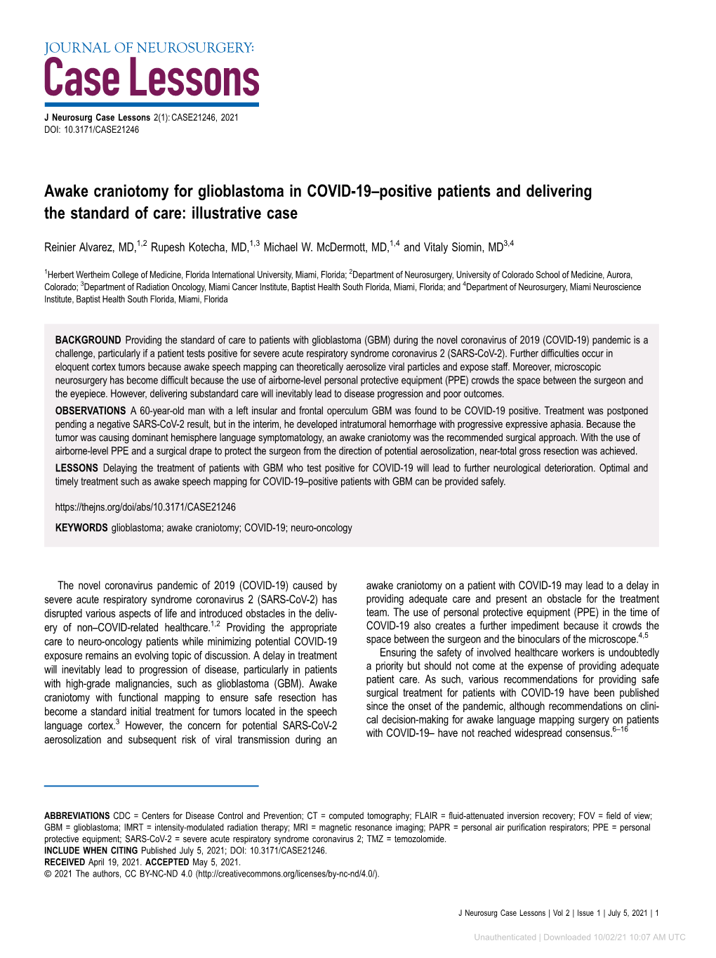 Awake Craniotomy for Glioblastoma in COVID-19–Positive Patients and Delivering the Standard of Care: Illustrative Case