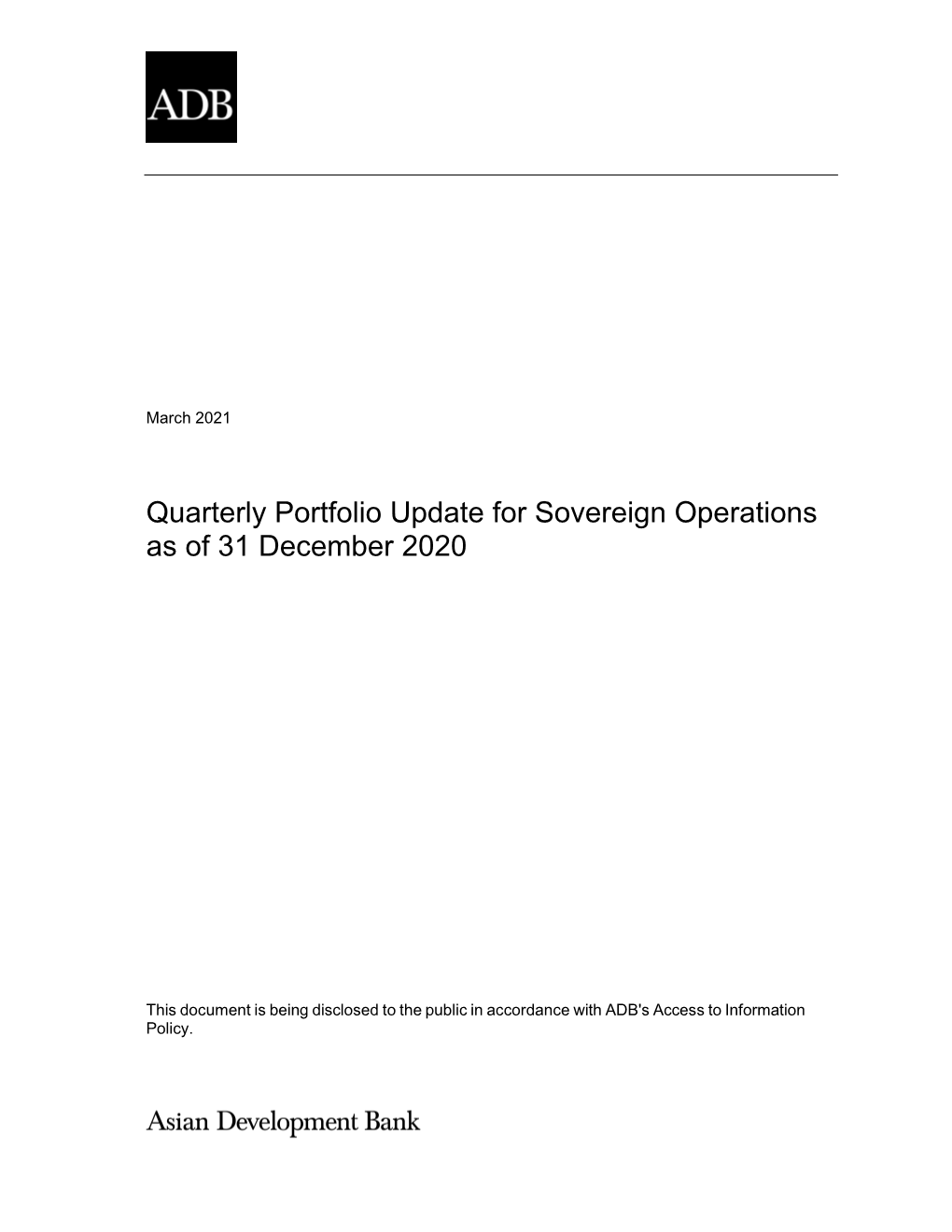 Quarterly Portfolio Update for Sovereign Operations As of 31 December 2020