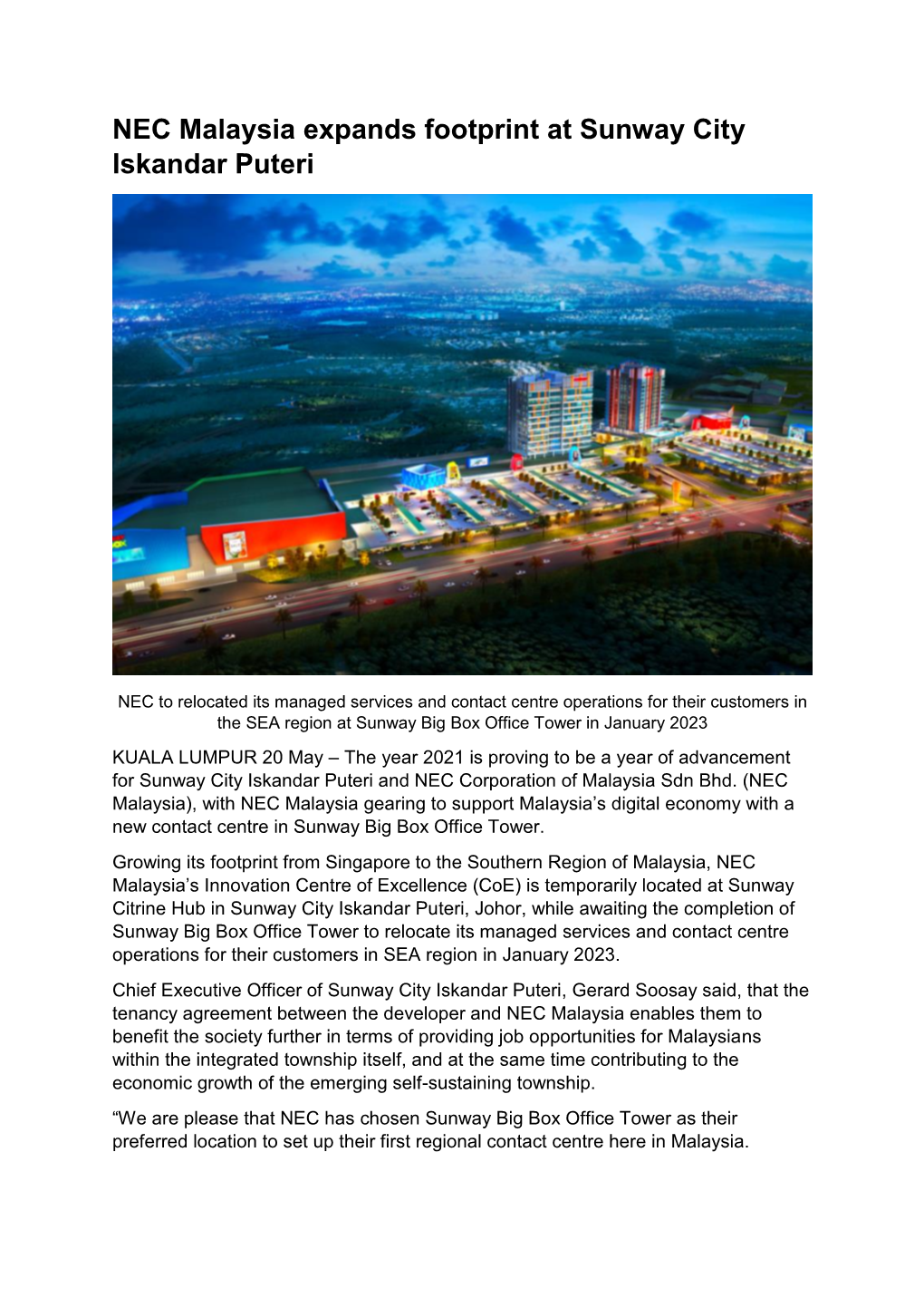 NEC Malaysia Expands Footprint at Sunway City Iskandar Puteri