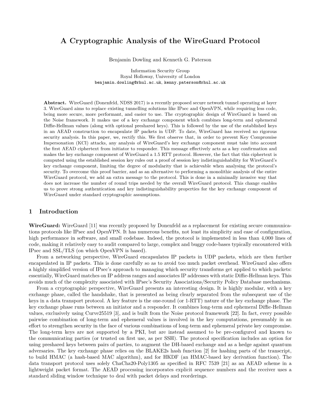 A Cryptographic Analysis of the Wireguard Protocol