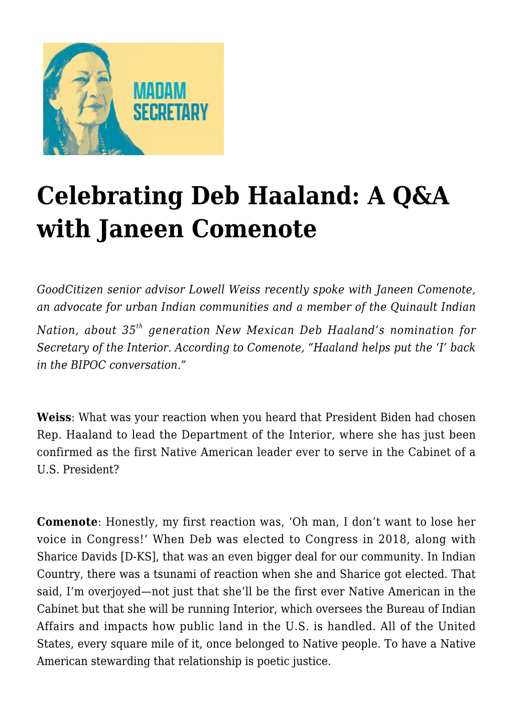 Celebrating Deb Haaland: a Q&A with Janeen Comenote