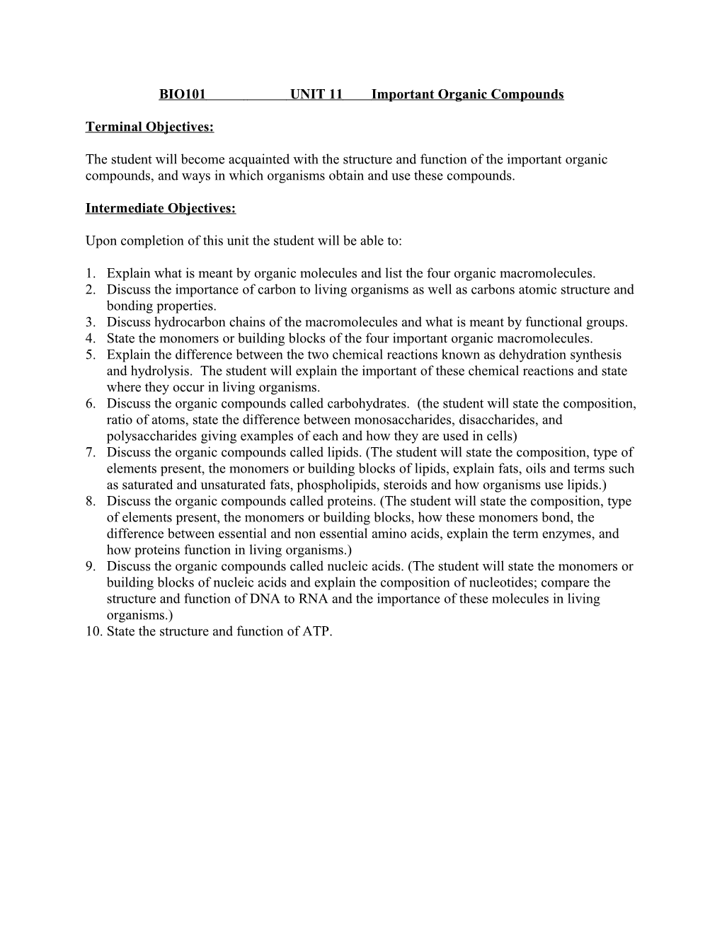 BIO101 UNIT 11 Important Organic Compounds