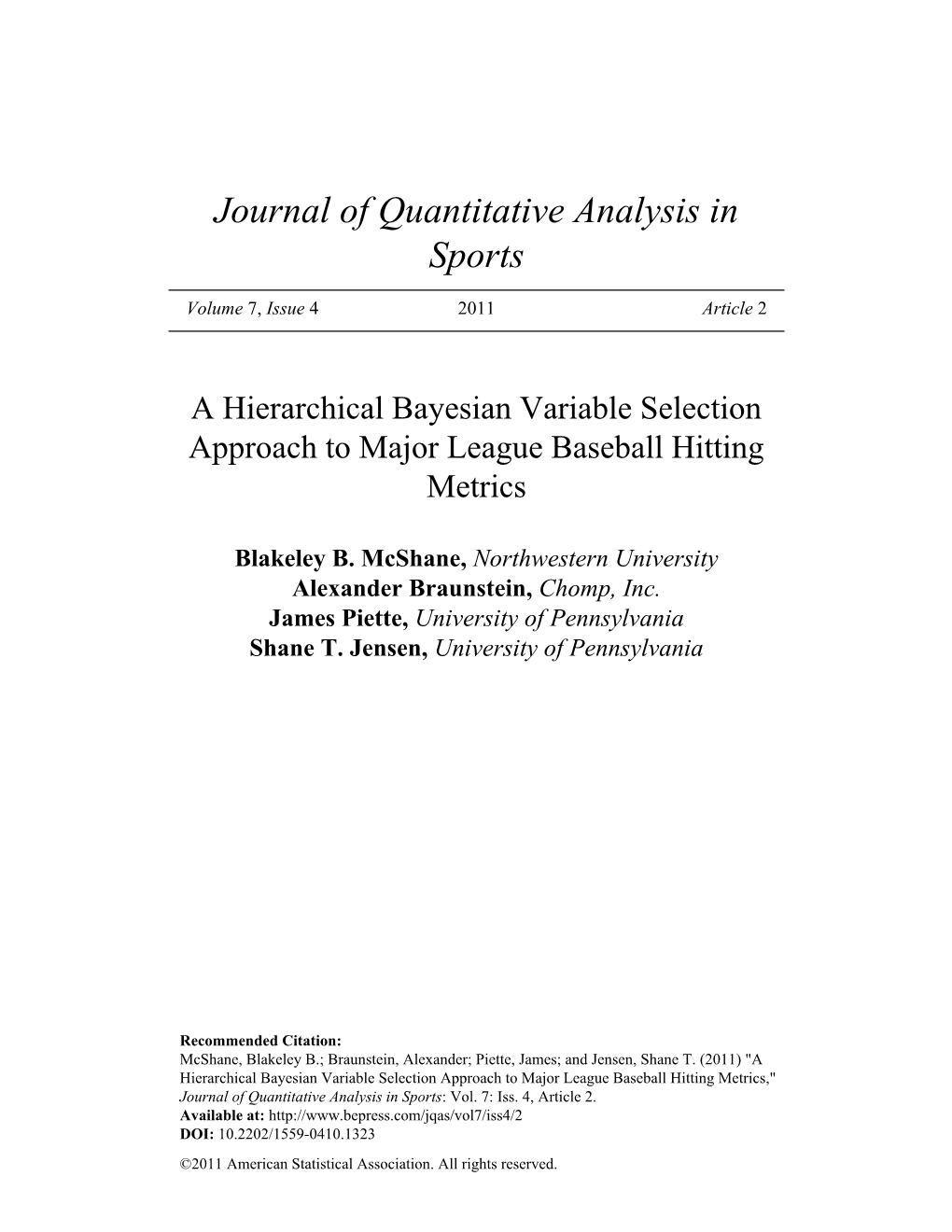 A Hierarchical Bayesian Variable Selection Approach to Major League Baseball Hitting Metrics