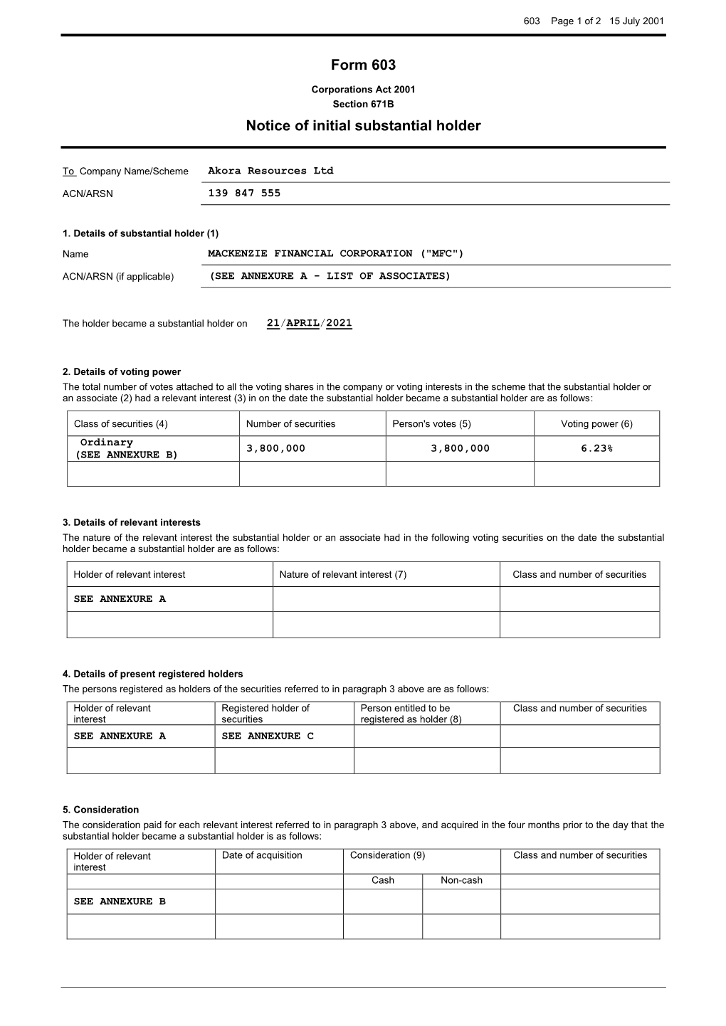 Form 603 Notice of Initial Substantial Holder in Relation to Akora Resources Limited (ACN 139 847 555)