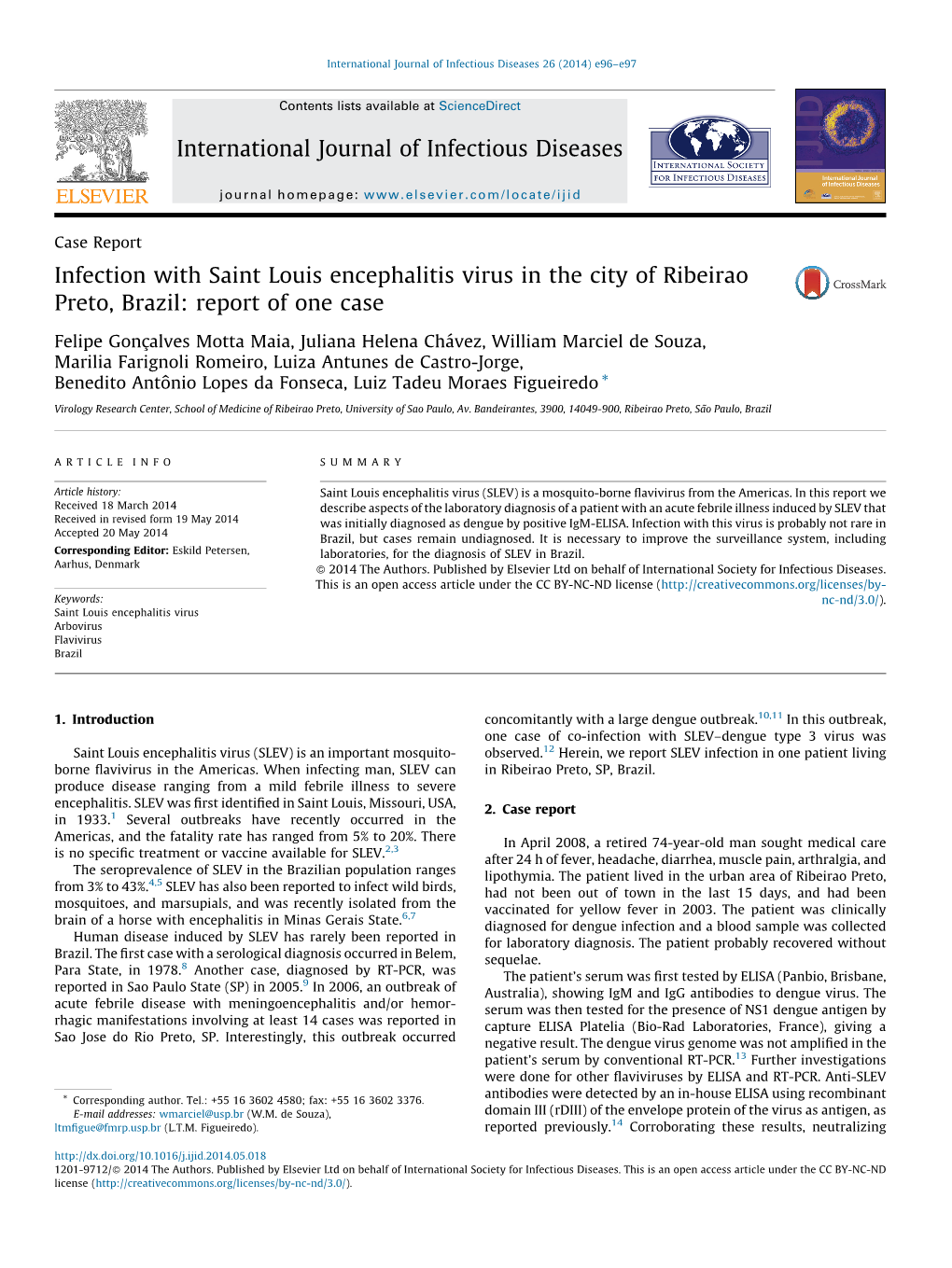 Infection with Saint Louis Encephalitis Virus in the City of Ribeirao Preto, Brazil