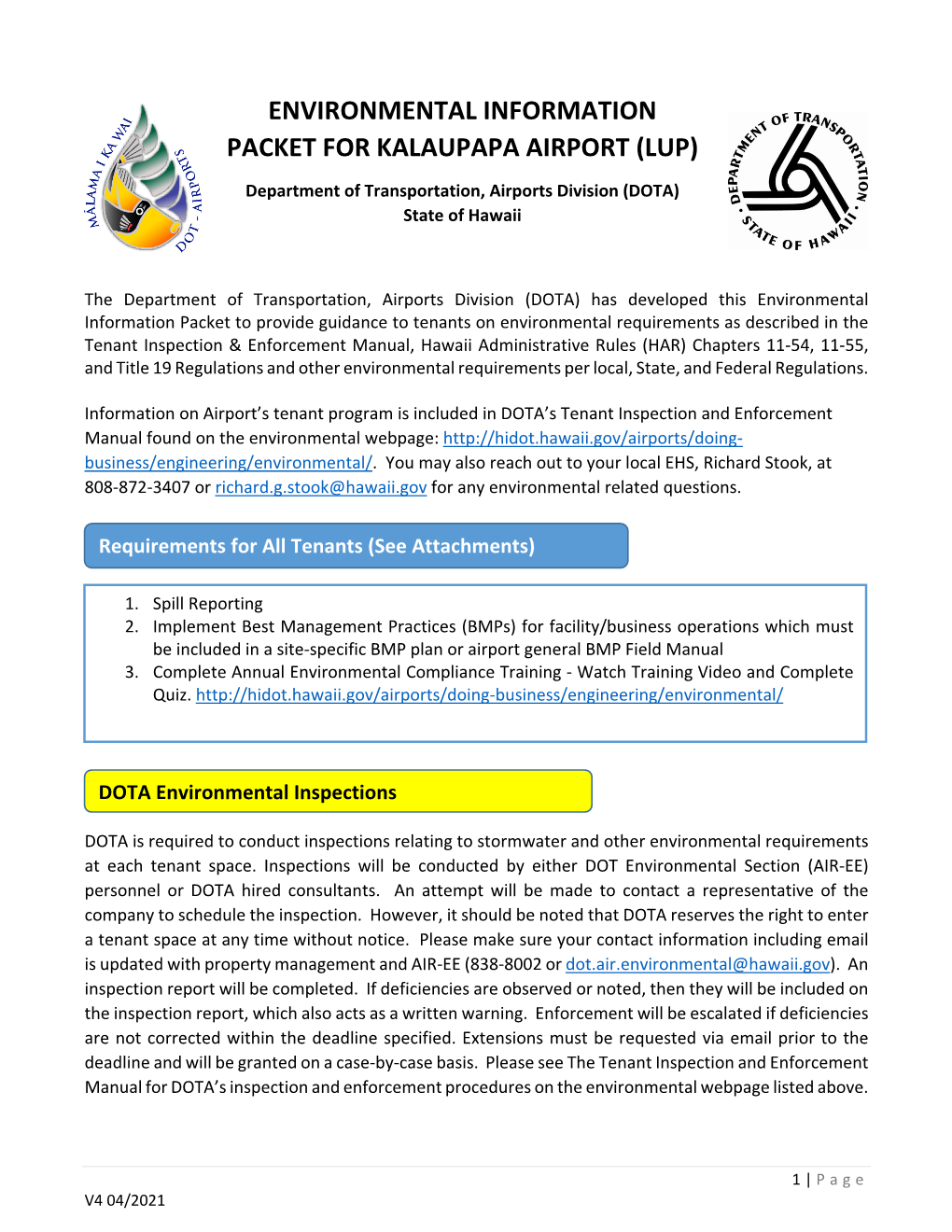 Environmental Information Packet for Kalaupapa