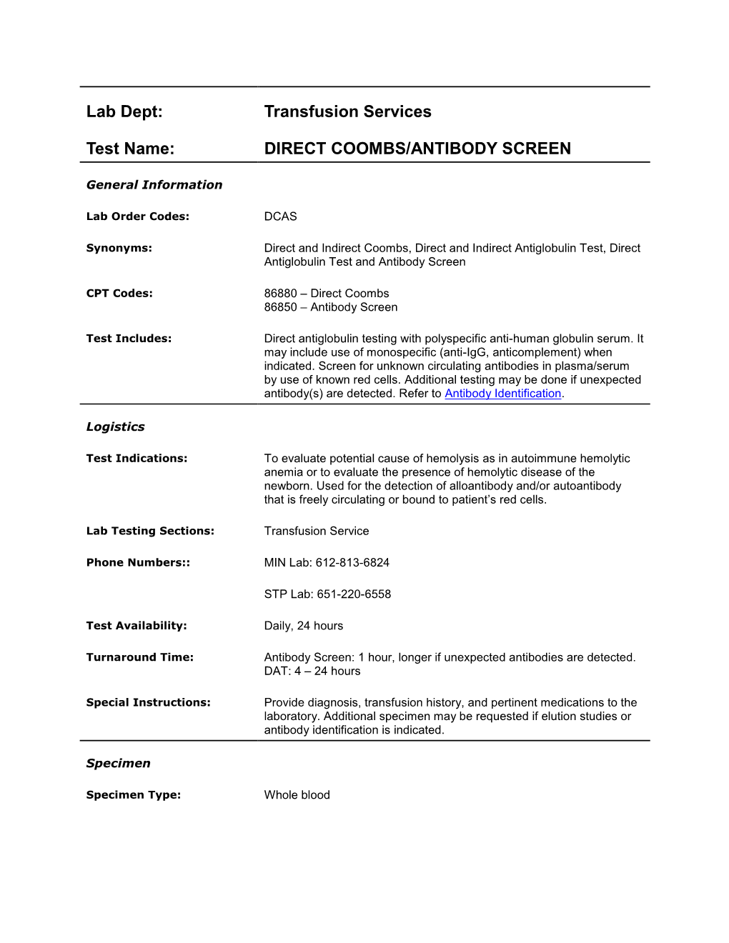 Direct Coombs/Antibody Screen