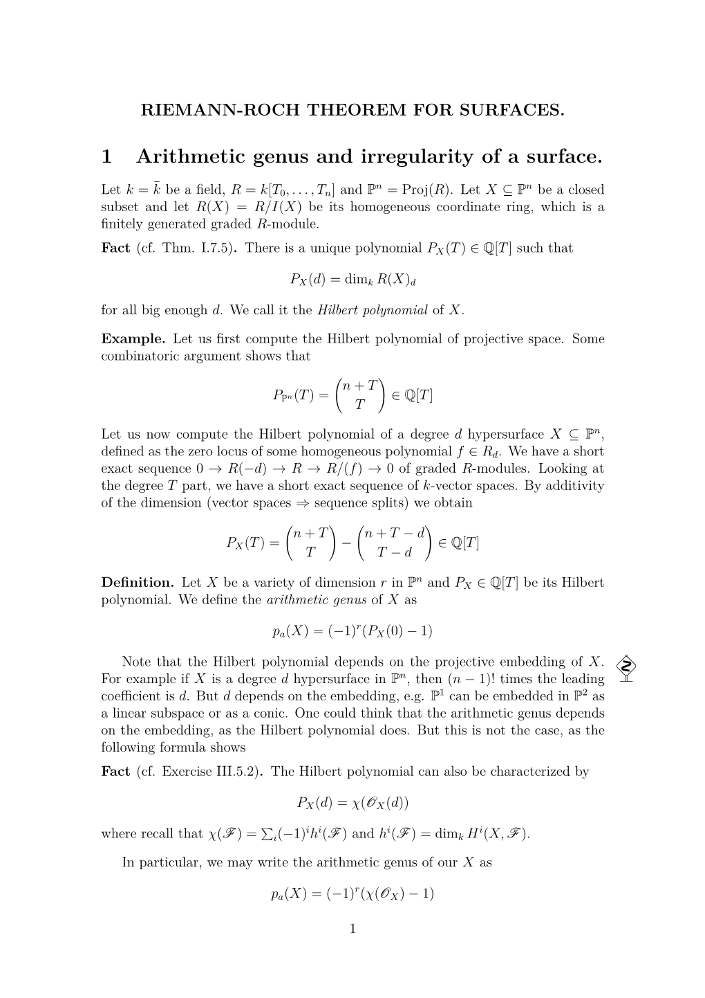 1 Arithmetic Genus and Irregularity of a Surface