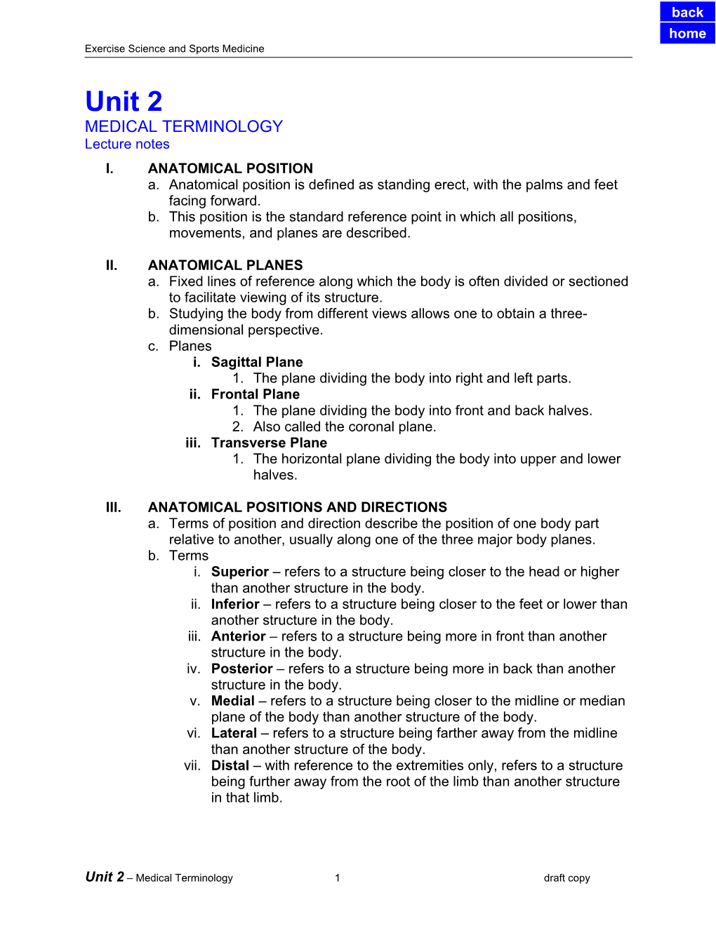 Unit 2 MEDICAL TERMINOLOGY Lecture Notes I