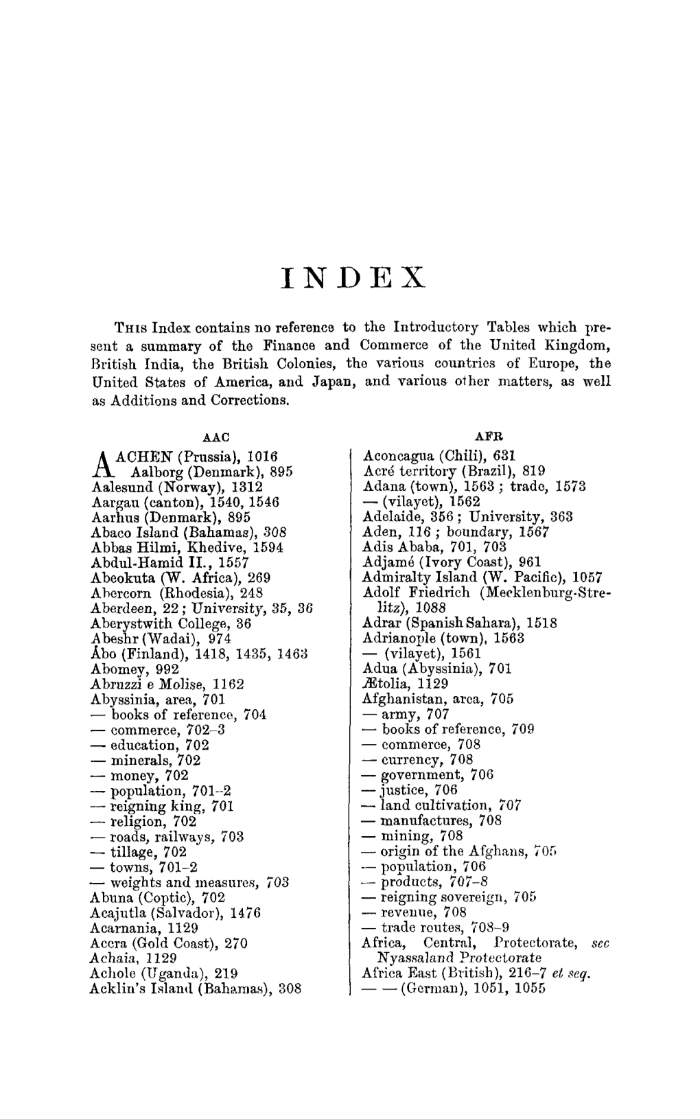 This Index Contains No Reference to the Introductory Tables Which Pre- Sent a Summary of the Finance and Commerce of the United