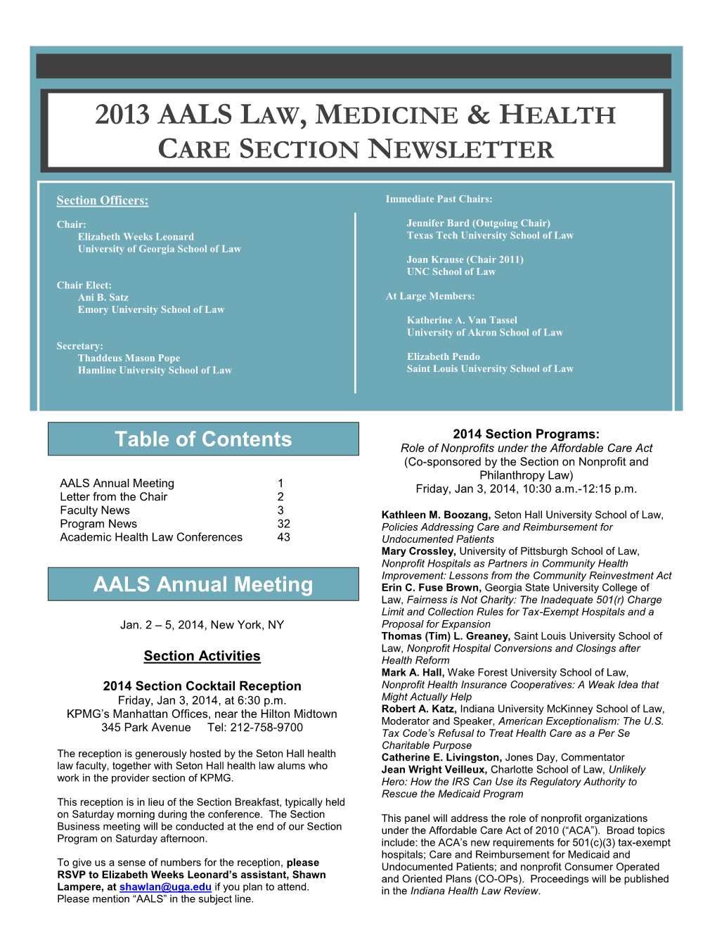 AALS Law, Medicine & Healthcare 2013 Newsletter