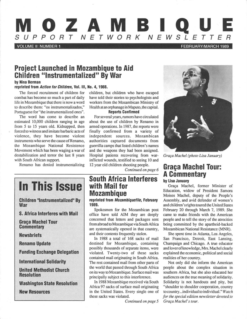 Mozambique Support Network Newsletter Volume Ii: Number 1 February/March 1989
