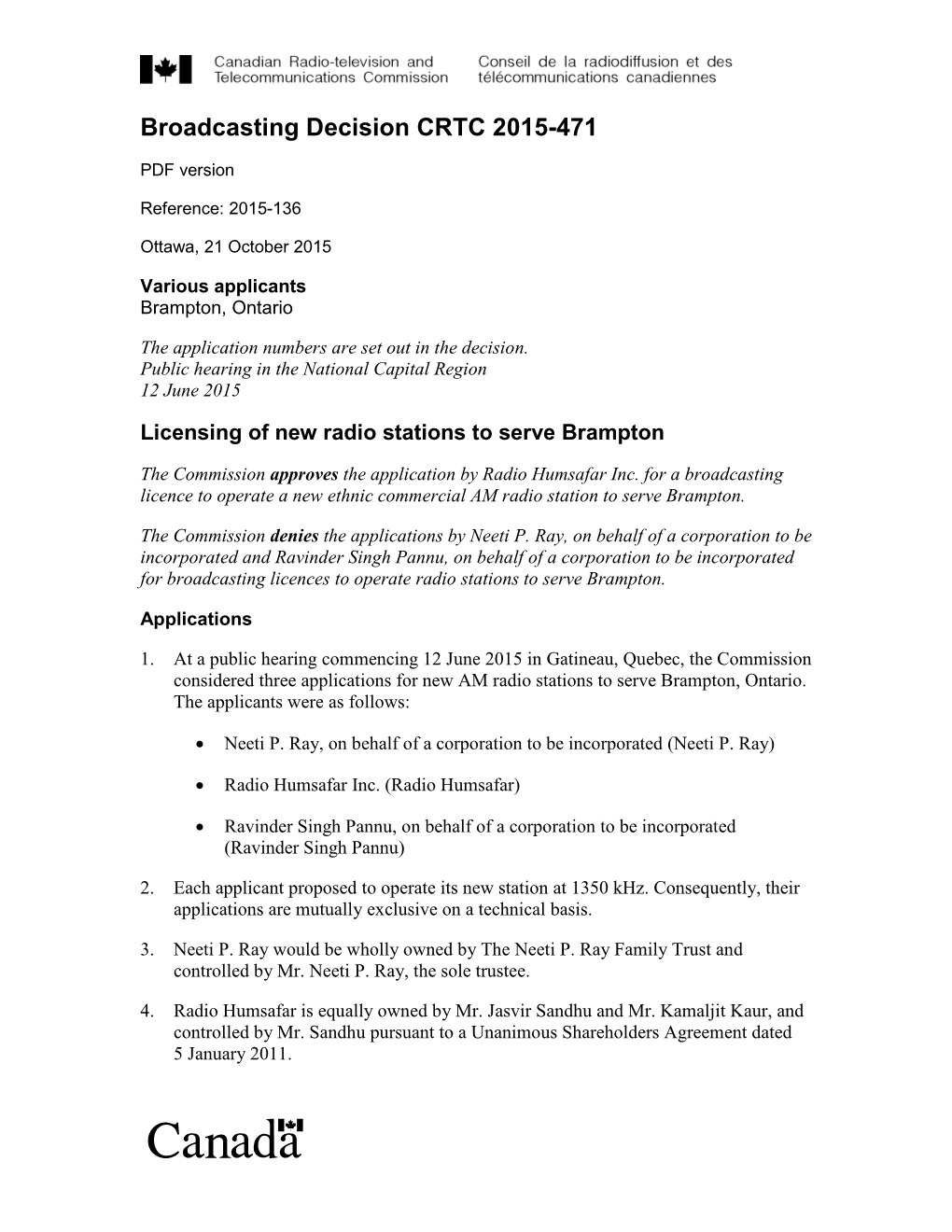 Licensing of New Radio Stations to Serve Brampton