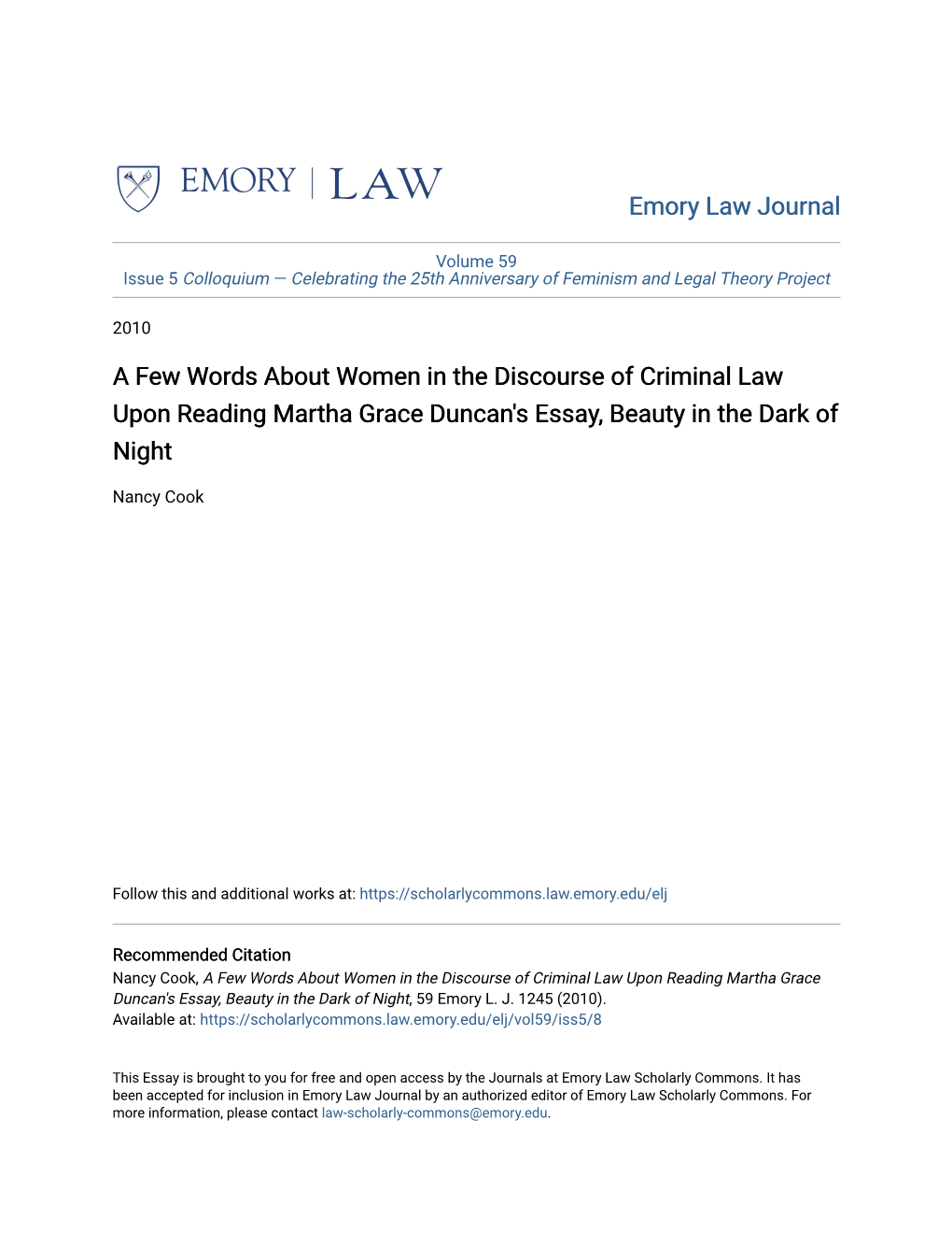 A Few Words About Women in the Discourse of Criminal Law Upon Reading Martha Grace Duncan's Essay, Beauty in the Dark of Night