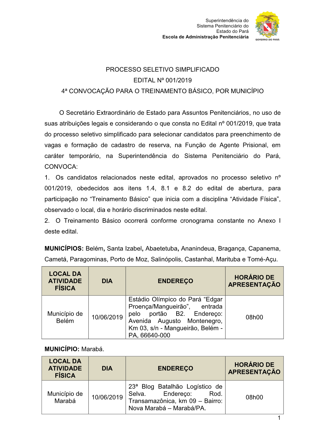 Processo Seletivo Simplificado Edital Nº 001/2019 4ª Convocação Para O Treinamento Básico, Por Município