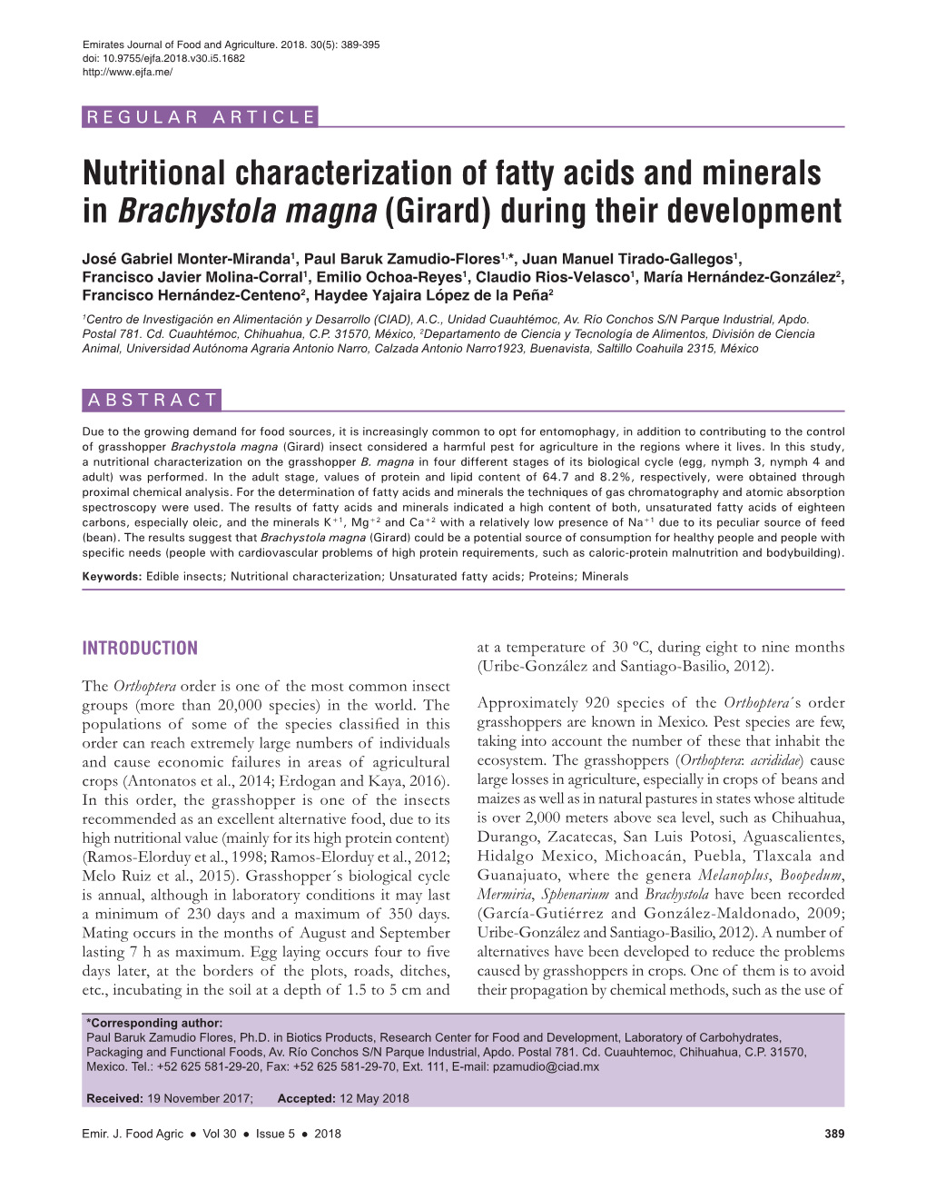 Nutritional Characterization of Fatty Acids and Minerals in Brachystola Magna (Girard) During Their Development