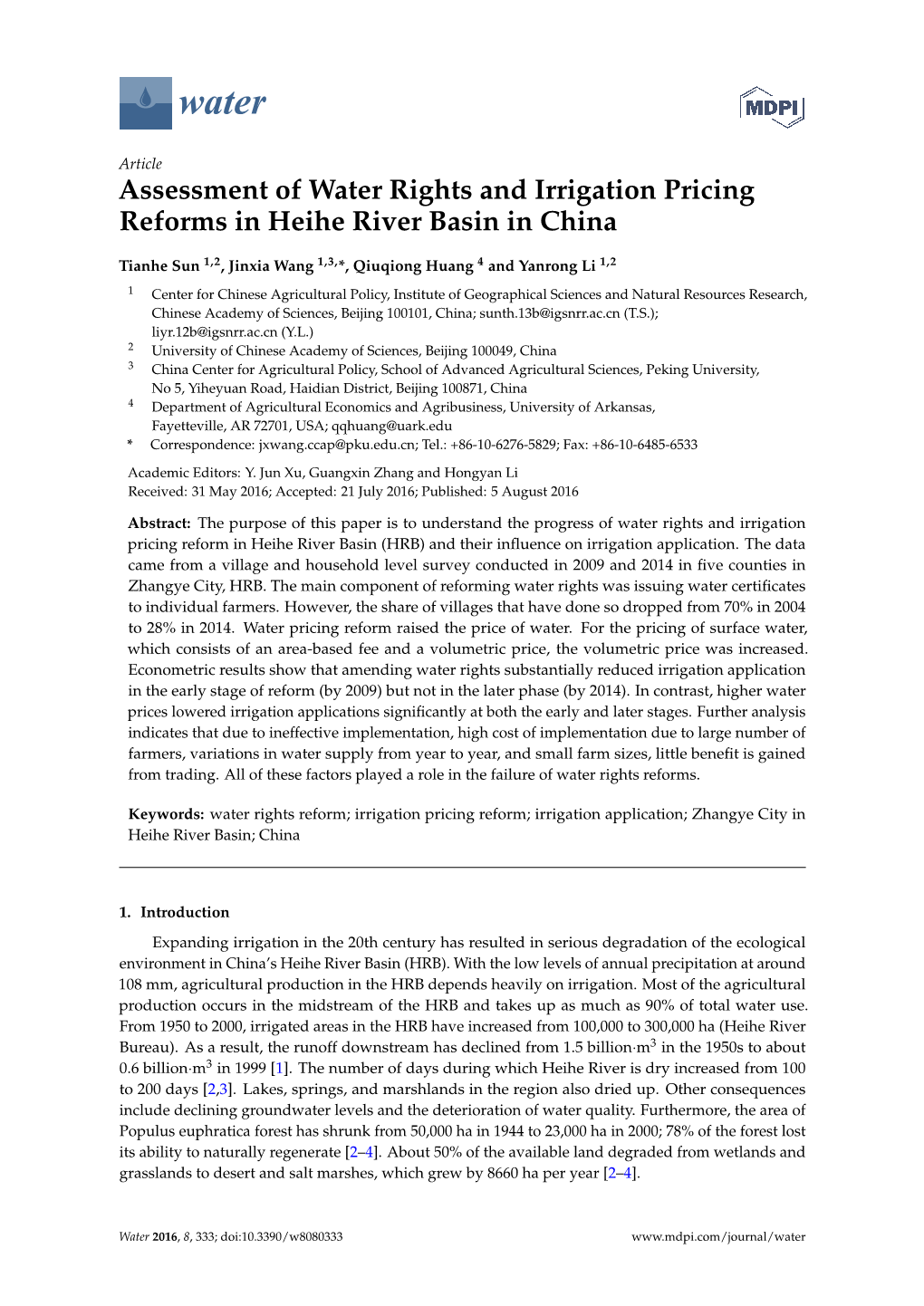 Assessment of Water Rights and Irrigation Pricing Reforms in Heihe River Basin in China