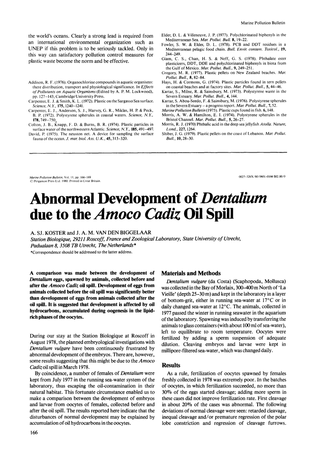 Abnormal Development of Dentalium Due to the Amoco Cadiz Oil Spill