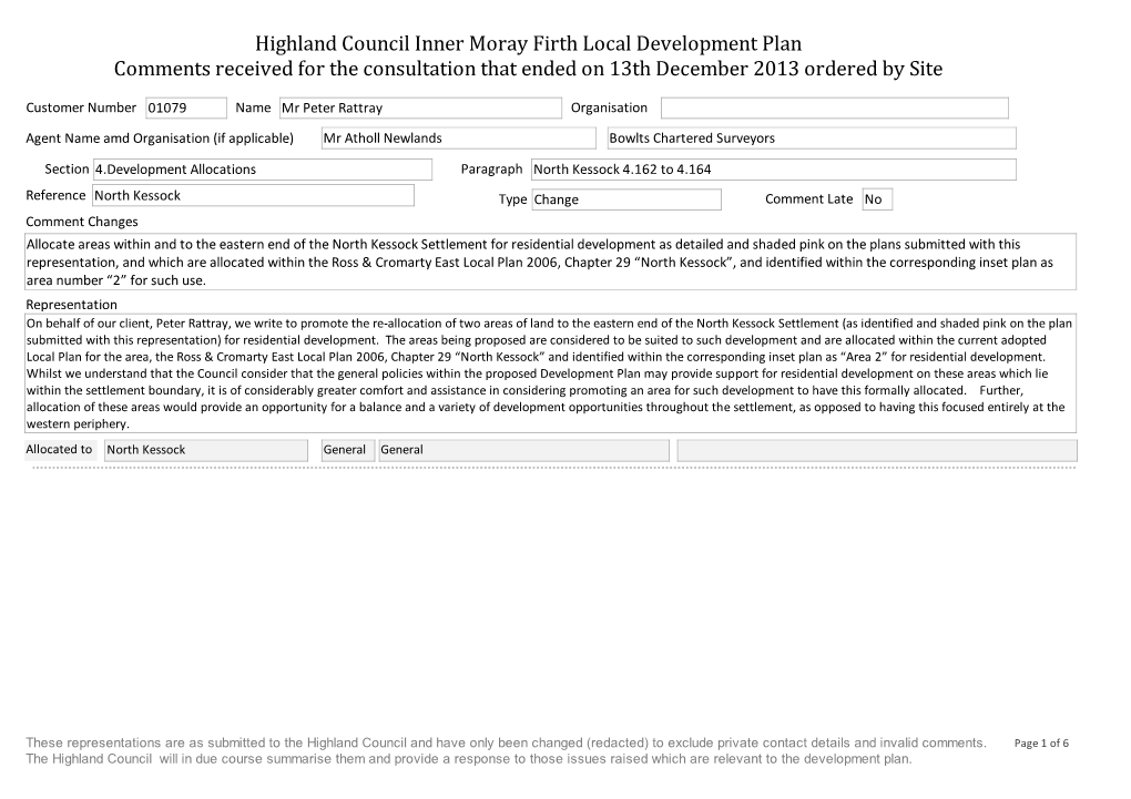 Highland Council Inner Moray Firth Local Development Plan Comments Received for the Consultation That Ended on 13Th December 2013 Ordered by Site