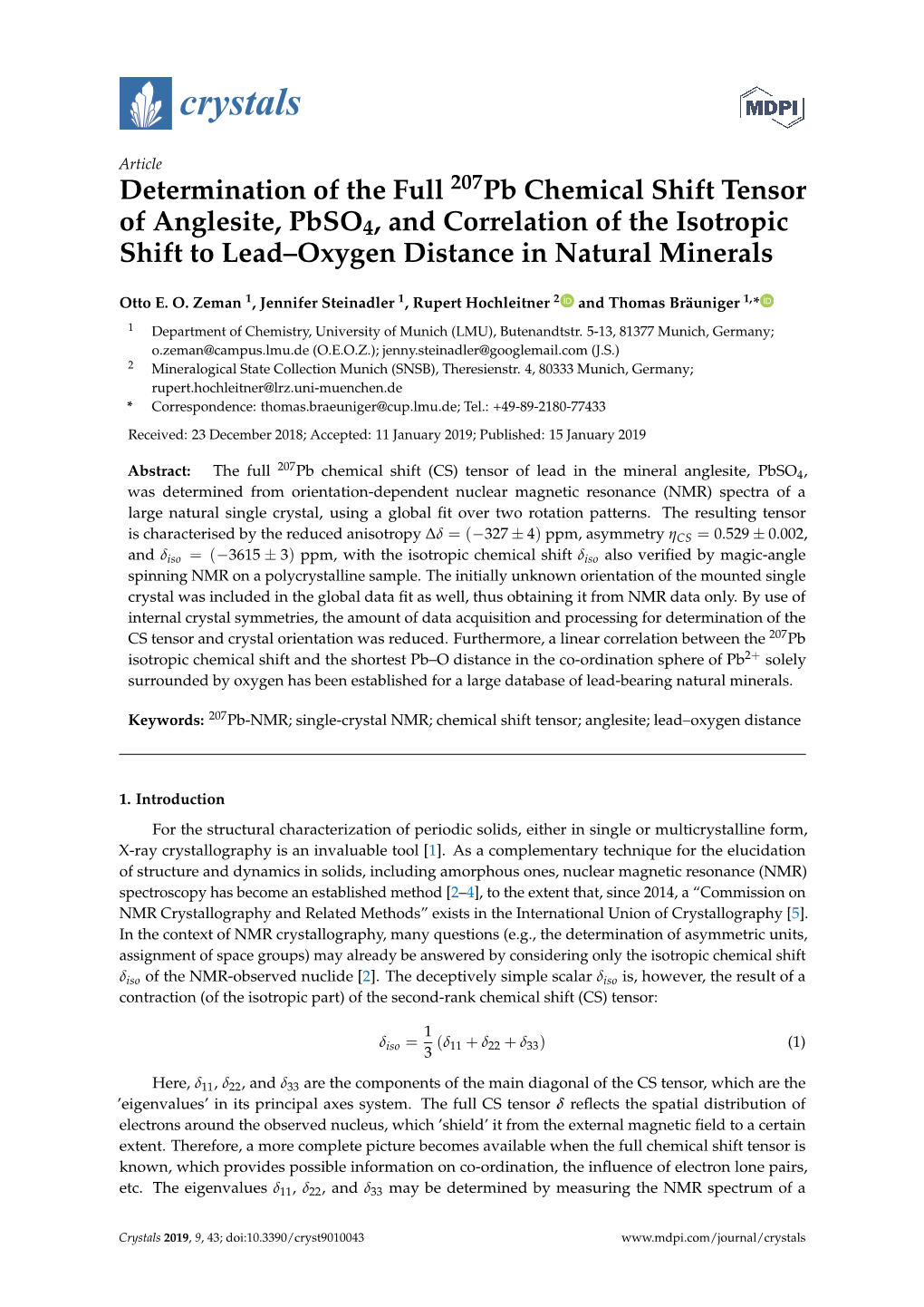 Determination of the Full 207Pb Chemical Shift Tensor of Anglesite, Pbso4, and Correlation of the Isotropic Shift to Lead–Oxygen Distance in Natural Minerals