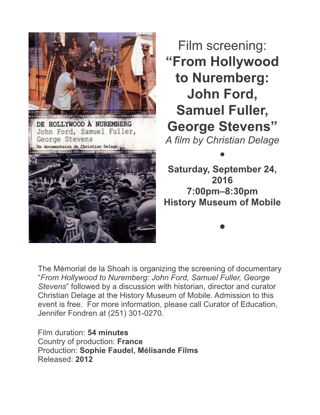 Film Screening: “From Hollywood to Nuremberg: John Ford, Samuel Fuller, George Stevens”