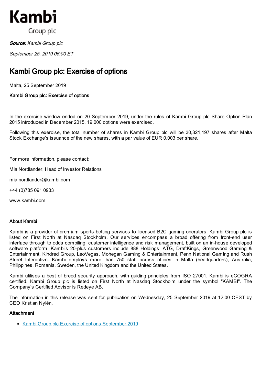 Kambi Group Plc: Exercise of Options