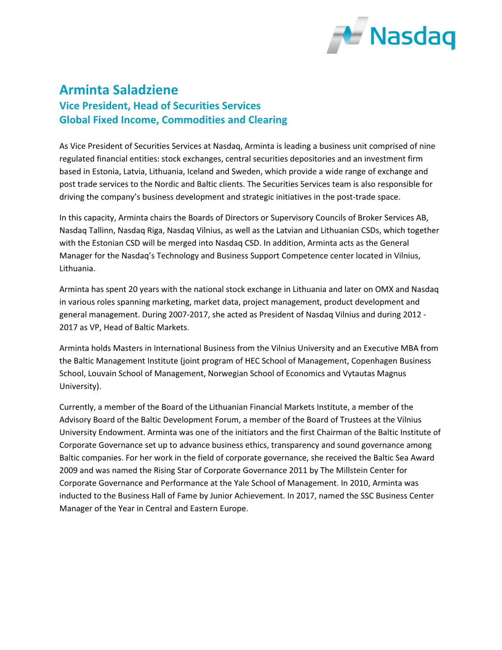 Arminta Saladziene Vice President, Head of Securities Services Global Fixed Income, Commodities and Clearing